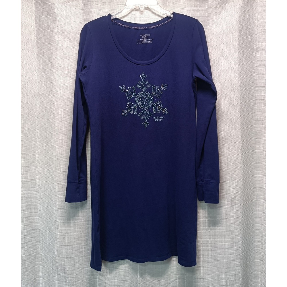 Victoria's Secret Womens M Purple Long Sleep Shirt Holiday Snowflake‎ Rhinestone